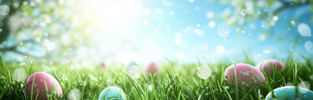 Colorful Easter eggs nestled in lush green grass under a bright spring sky.