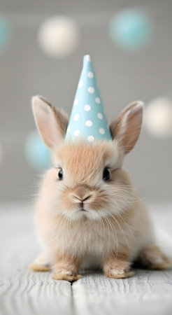 A heartwarming image of a fluffy bunny wearing a festive party hat. Perfect for celebrations and evoking feelings of joy.の写真素材