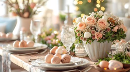 A charming Easter table setting featuring a beautiful floral centerpiece and pastel-colored eggs.