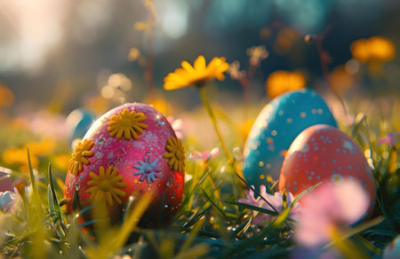 Decorated Easter eggs nestled in a vibrant spring meadow, bathed in the warm glow of sunrise. A...