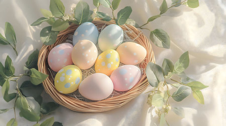 A wicker basket holding pastel-colored Easter eggs, decorated with polka dots, surrounded by spring...