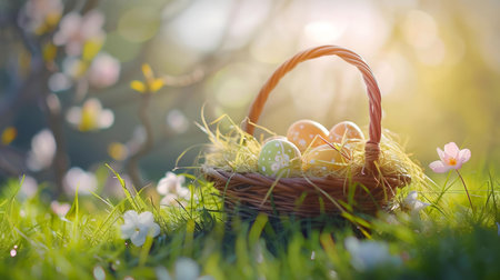 A wicker basket filled with colorful Easter egg rests in a vibrant spring meadow. Sunlight...