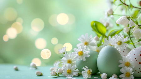 Pastel colored Easter eggs surrounded by pretty spring flowers. A soft, gentle image perfect for spring celebrations.の写真素材