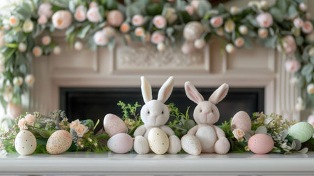 Adorable pastel bunnies and decorated eggs adorn a fireplace mantle, creating a charming Easter scene.の写真素材