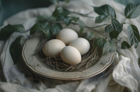 Four eggs rest gently in a nest, on an antique plate. Soft light enhances the serene atmosphere.の写真素材