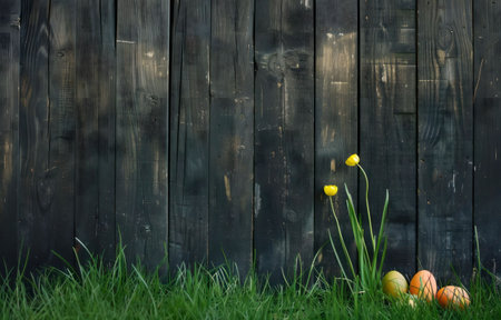 Easter eggs and yellow flowers nestled in front of dark wooden fence.の写真素材
