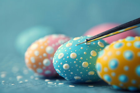 Close-up of intricately painted Easter eggs, showcasing a delicate springtime art project. The vibrant colors and dot pattern create a cheerful atmosphere.の写真素材