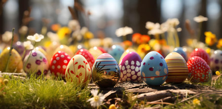 A delightful collection of colorful Easter eggs nestled amongst springtime flowers. A cheerful image...