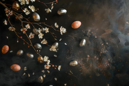 A stylish Easter arrangement featuring silver and peach eggs scattered around a blossoming branch. Dark background.の写真素材