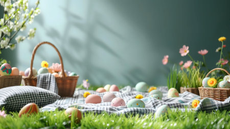 A delightful Easter scene featuring pastel eggs in baskets on a grassy picnic blanket surrounded by...