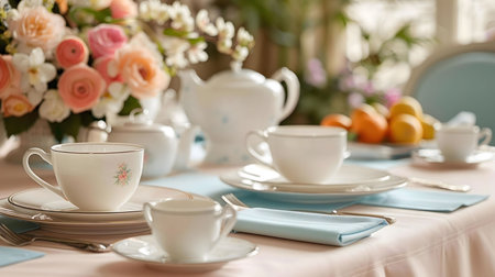 Pastel colored teacups and floral arrangement on a table setting.