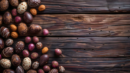 A delightful arrangement of chocolate Easter eggs on a rustic wooden surface. Perfect for Easter celebrations.の写真素材