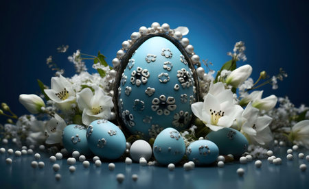 Blue decorated eggs nestled amongst white flowers. Perfect for Easter celebration.