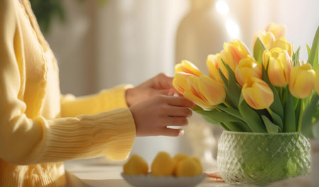 A person delicately arranges a stunning bouquet of yellow tulips in a sunlit room. The scene evokes feelings of warmth and tranquility.の写真素材
