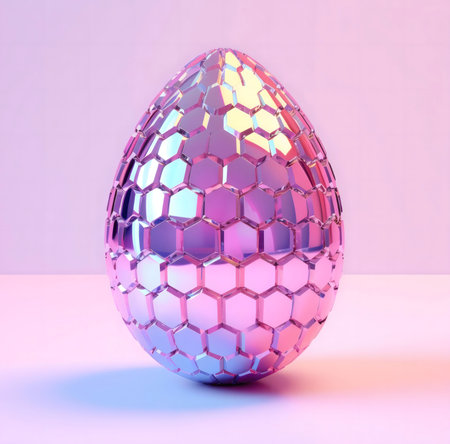 Futuristic Easter egg, geometric hexagon design, pastel pink and purple 3D render.