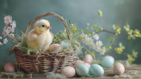 A fluffy yellow chick sits in a wicker basket surrounded by pastel Easter eggs and delicate spring...