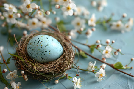 A delicate blue Easter egg nestled in a bird's nest, surrounded by beautiful spring blossoms. A...