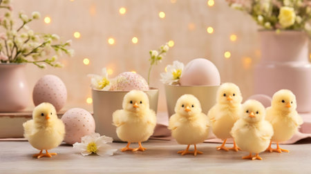 Sweet baby chicks with pastel eggs and spring blossoms. A perfect Easter image.