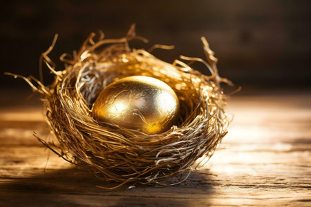 A golden egg rests safely in a bird's nest, symbolizing financial security and prosperity.