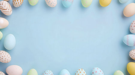 Pretty pastel eggs create a frame around a light blue background, perfect for Easter celebrations.