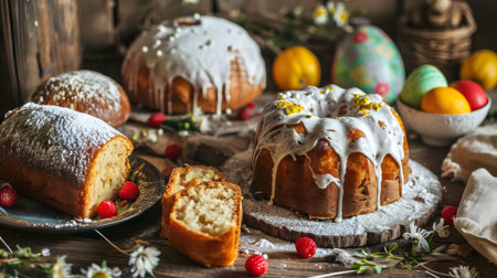 A rustic table setting with Easter cakes, decorated eggs and spring flowers. Delicious festive...