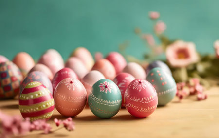 A collection of beautifully decorated pastel Easter eggs, adorned with floral patterns, sit on a...