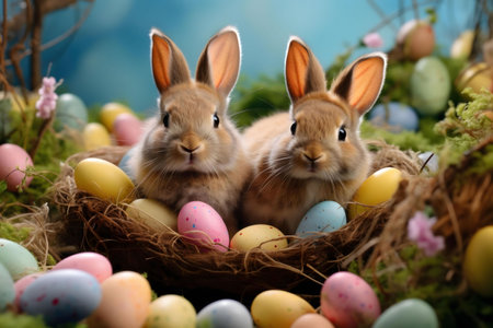 Two cute bunnies surrounded by pastel Easter eggs in a cozy nest. A springtime celebration!