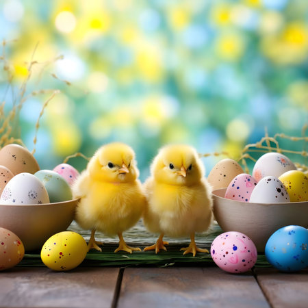 Two fluffy yellow chicks surrounded by colorful Easter eggs. A delightful springtime scene.