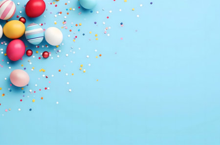 Colorful Easter eggs scattered with confetti on a light blue background. Perfect for Easter cards or...