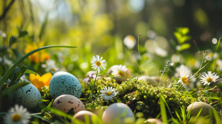 Colorful eggs nestled amongst blooming daisies in a vibrant spring meadow.