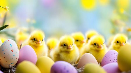 Cute fluffy yellow chicks and pastel colored Easter eggs in a springtime setting.