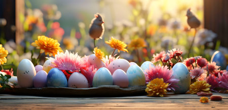 Pastel Easter eggs nestled amongst vibrant spring flowers and charming chicks create a cheerful...