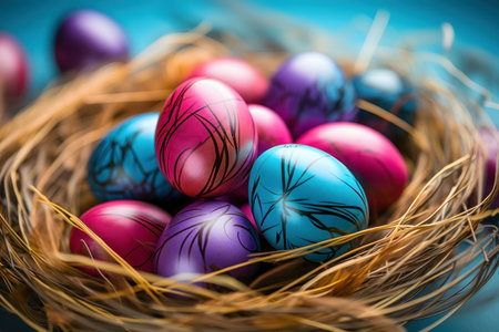 Close-up of colorful Easter eggs in a cozy nest. A perfect springtime image!