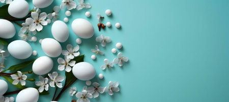 Beautiful pastel colored eggs decorated with spring flowers for Easter.