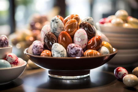 Close-up of a pile of richly decorated Easter eggs in a brown bowl. The eggs display vibrant colors...