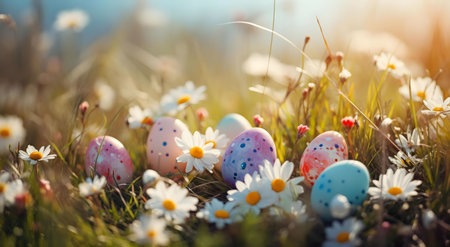 Colorful Easter eggs nestled amongst blooming daisies in a sun-drenched meadow.の写真素材