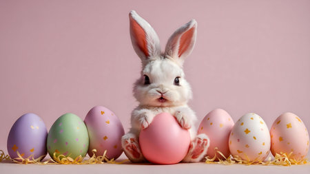 A fluffy white bunny holds a pink egg surrounded by pastel Easter eggs.
