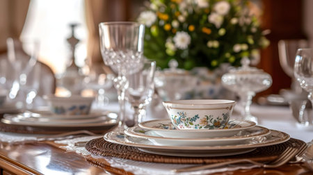Close-up view of an exquisitely set table featuring fine china with floral patterns, crystal...