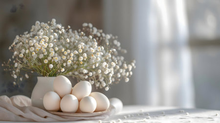 A tranquil still life featuring a delicate bouquet of white baby's breath and a collection of pristine white eggs.の写真素材