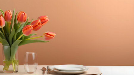 A simple yet elegant spring table setting featuring a vase of vibrant orange tulips, glassware, and cutlery.の写真素材