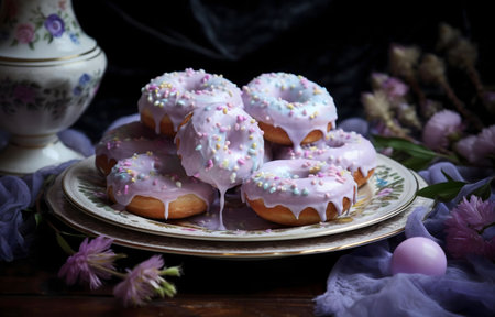 A stack of delightful lavender-glazed donuts, adorned with pastel sprinkles, sits on an elegant plate.の写真素材