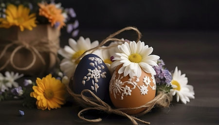 Two intricately decorated Easter eggs rest in a charming nest of twine, surrounded by a bouquet of fresh daisies and other spring blossoms. A beautiful festive image.の写真素材