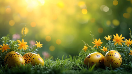 Four yellow Easter eggs with designs pretty rest in a bed of green grass and yellow flowers, basking in the warm spring sunshine.の写真素材