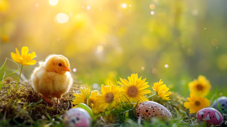 A tiny, fluffy chick nestled among vibrant yellow spring flowers and colorful Easter eggs. A heartwarming Easter scene.の写真素材