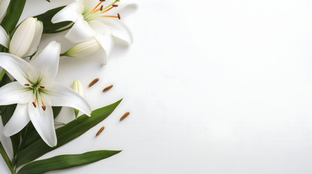 Close-up of elegant white lilies on a white background. A peaceful and pure floral image.の写真素材