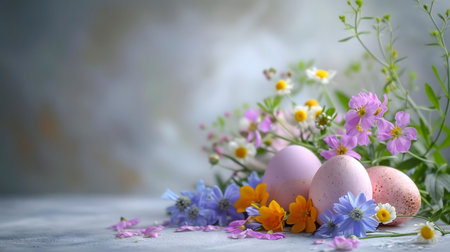 Pastel Easter eggs surrounded by delicate wildflowers. A serene spring scene.