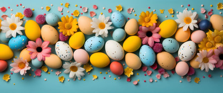 A vibrant Easter arrangement of colorful eggs and spring flowers on a blue background.
