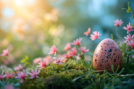 A speckled pink egg nestled amongst delicate pink flowers in a lush green meadow bathed in sunlight. Springtime bliss.の写真素材