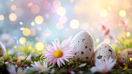 Pretty speckled quail eggs nestled in a vibrant spring meadow with pink flowers and soft bokeh...