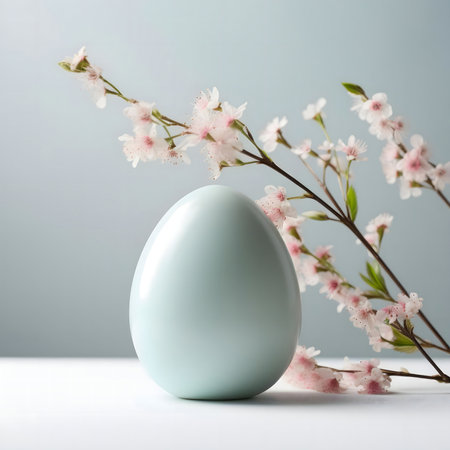 A serene image of a light blue Easter egg adorned with a branch of delicate pink spring blossoms.の写真素材